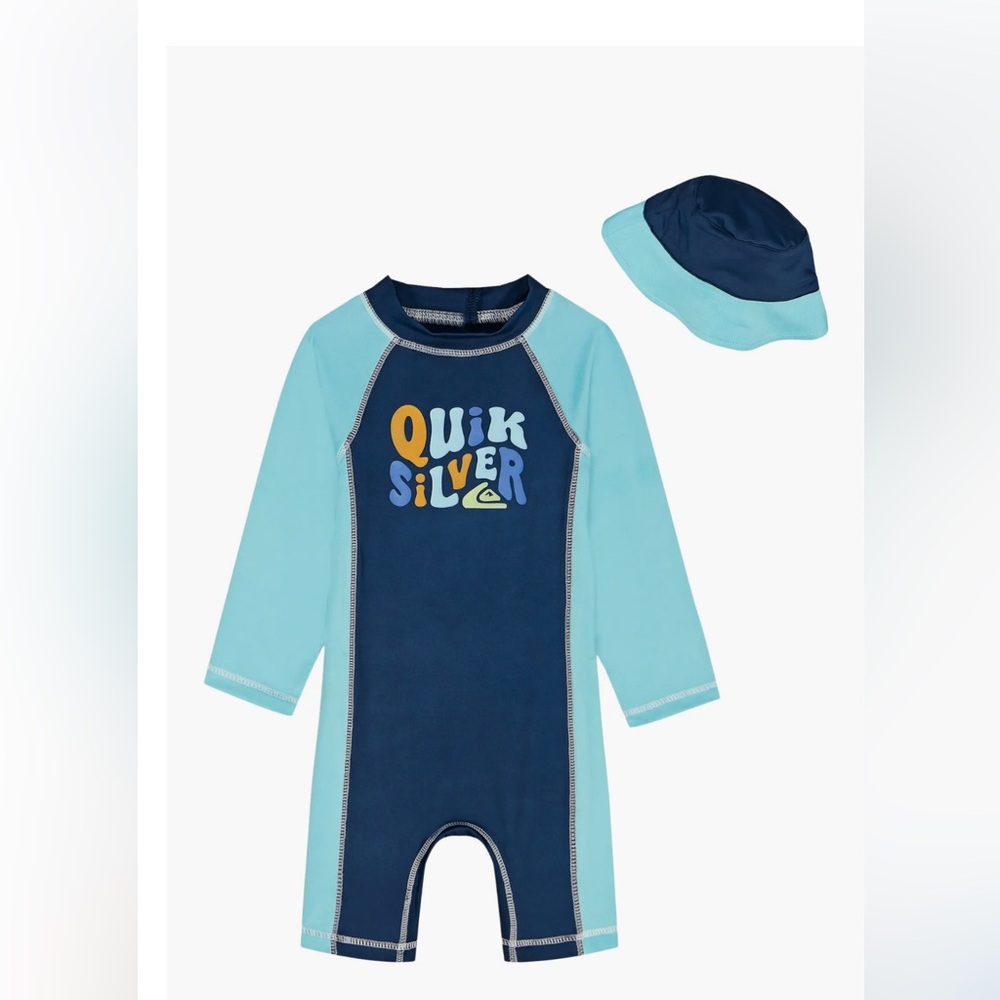 Quiksilver Navy & Light Blue Long-Sleeve Kids Rashguard suit with Hat